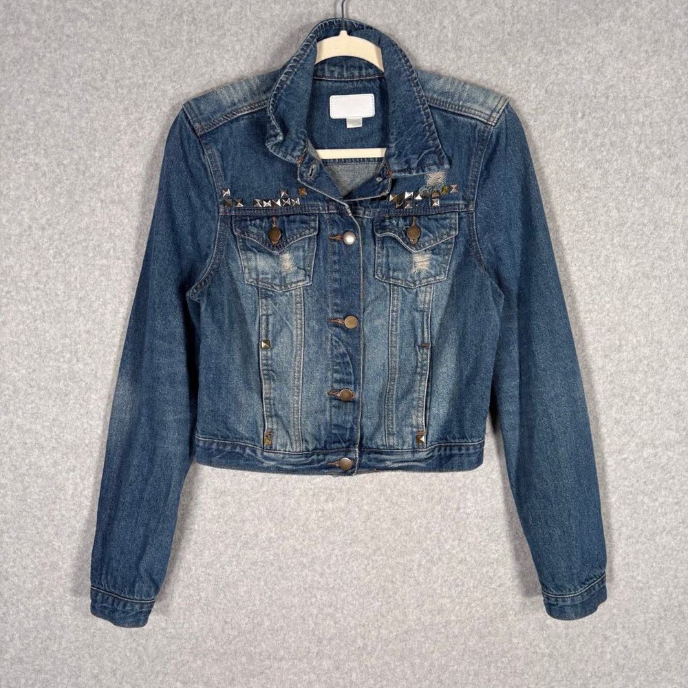Dollhouse Denim Cropped‎ Jacket Large Studded Distressed Grunge Coquette Western
